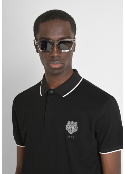 ANTONY MORATO REGULAR-FIT COTTON PIQUE POLO SHIRT WITH TIGER PATCH - BLACK COLOURWAY