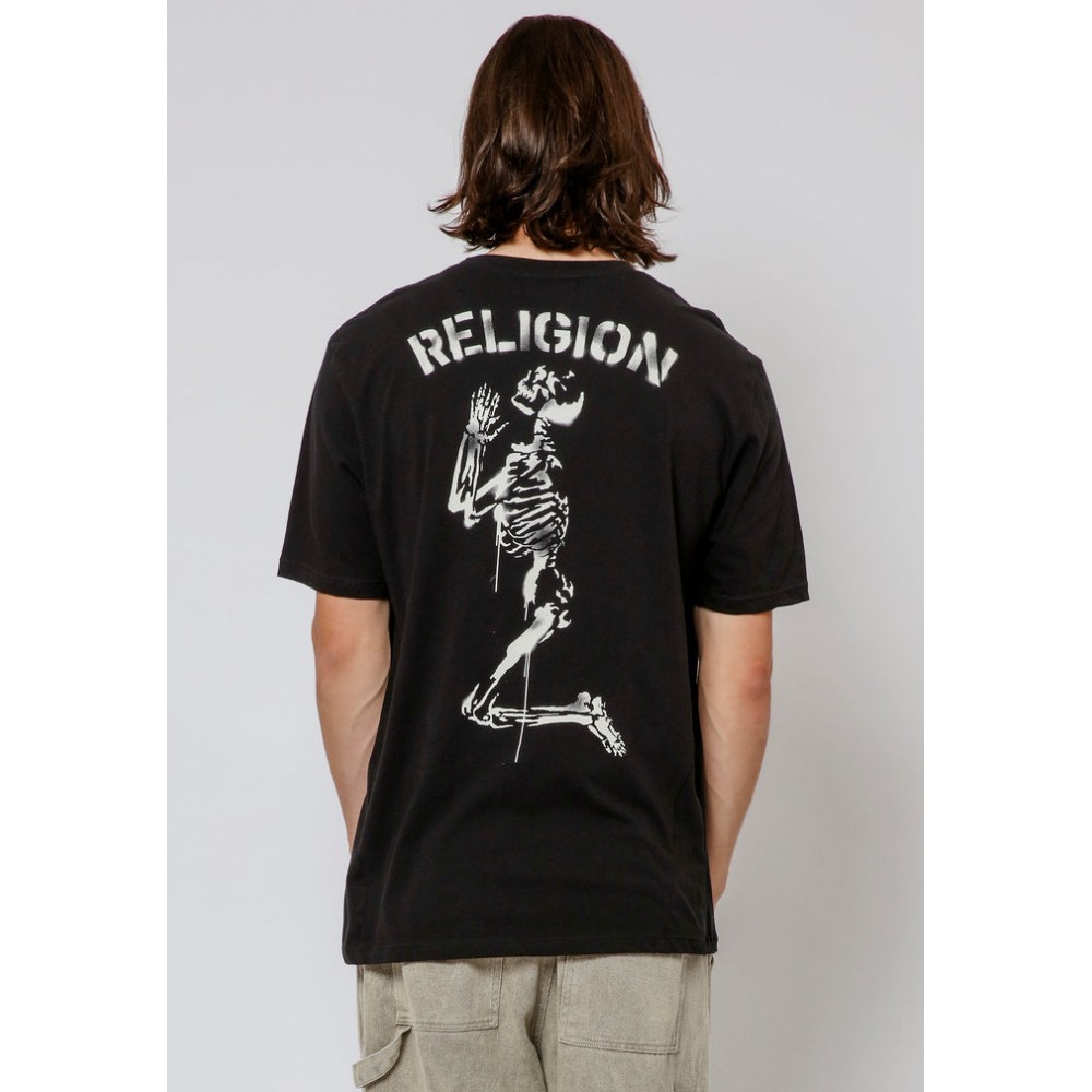 Religion Praying Skeleton Stencil T-Shirt - Black