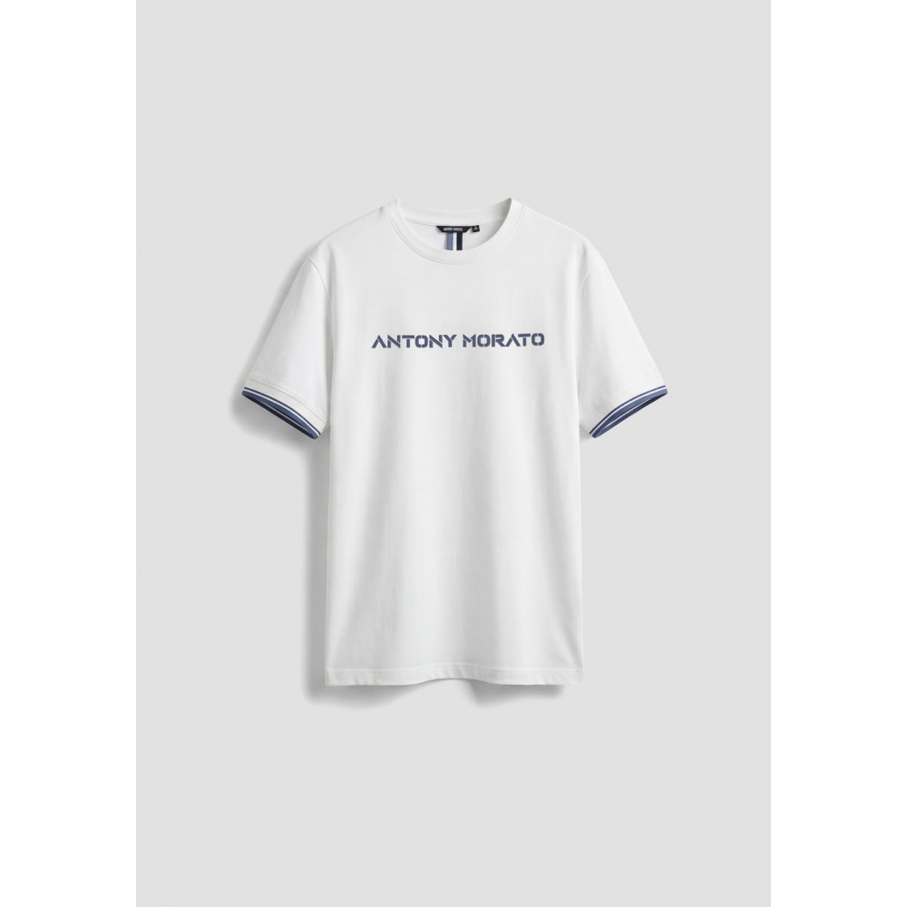 ANTONY MORATO REGULAR-FIT T-SHIRT IN COTTON JERSEY WITH LOGO - CREAM/CHINA BLUE