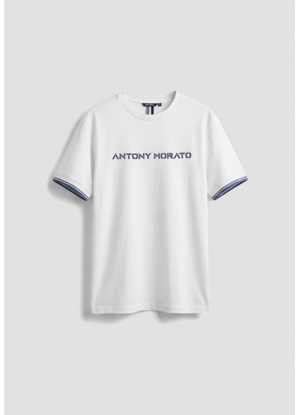 ANTONY MORATO REGULAR-FIT T-SHIRT IN COTTON JERSEY WITH LOGO - CREAM/CHINA BLUE