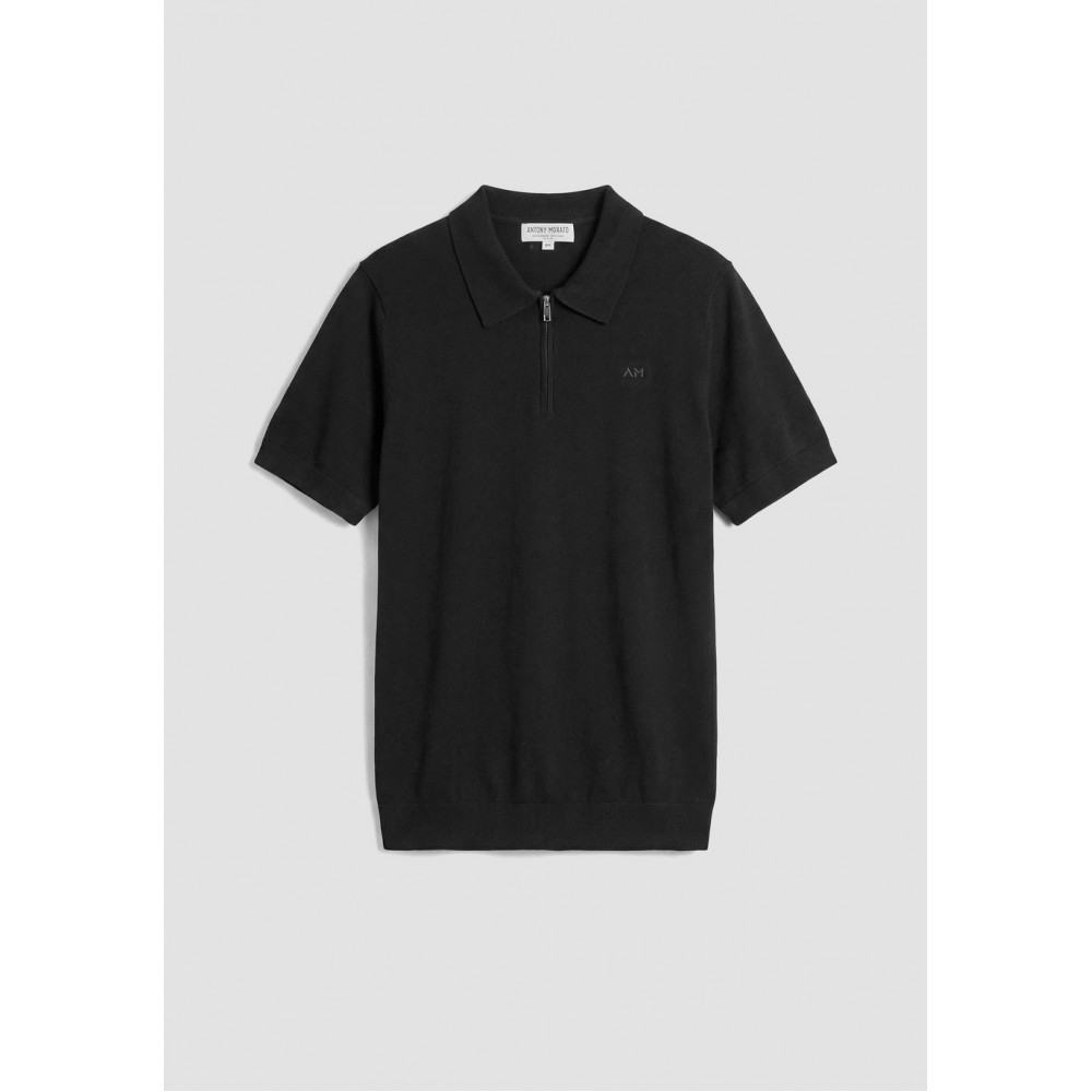 ANTONY MORATO REGULAR-FIT SHORT-SLEEVED POLO SHIRT IN A SOFT COTTON BLEND WITH ZIP AND PRINT - BLACK