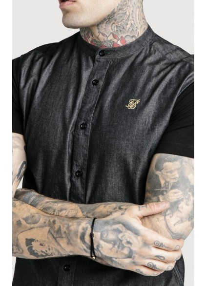 SikSilk S/S Grandad Collar Denim Shirt - Black & Gold