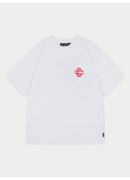 THE COUTURE CLUB CLUB RED CRACKED PRINT EMBLEM RELAXED T-SHIRT - WHITE