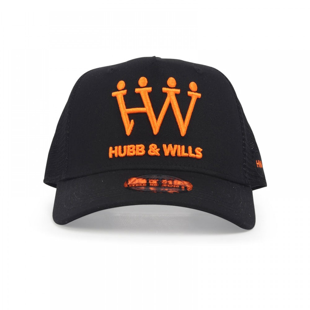HUBB AND WILLS BLACK AND ORANGE TRUCKER HAT